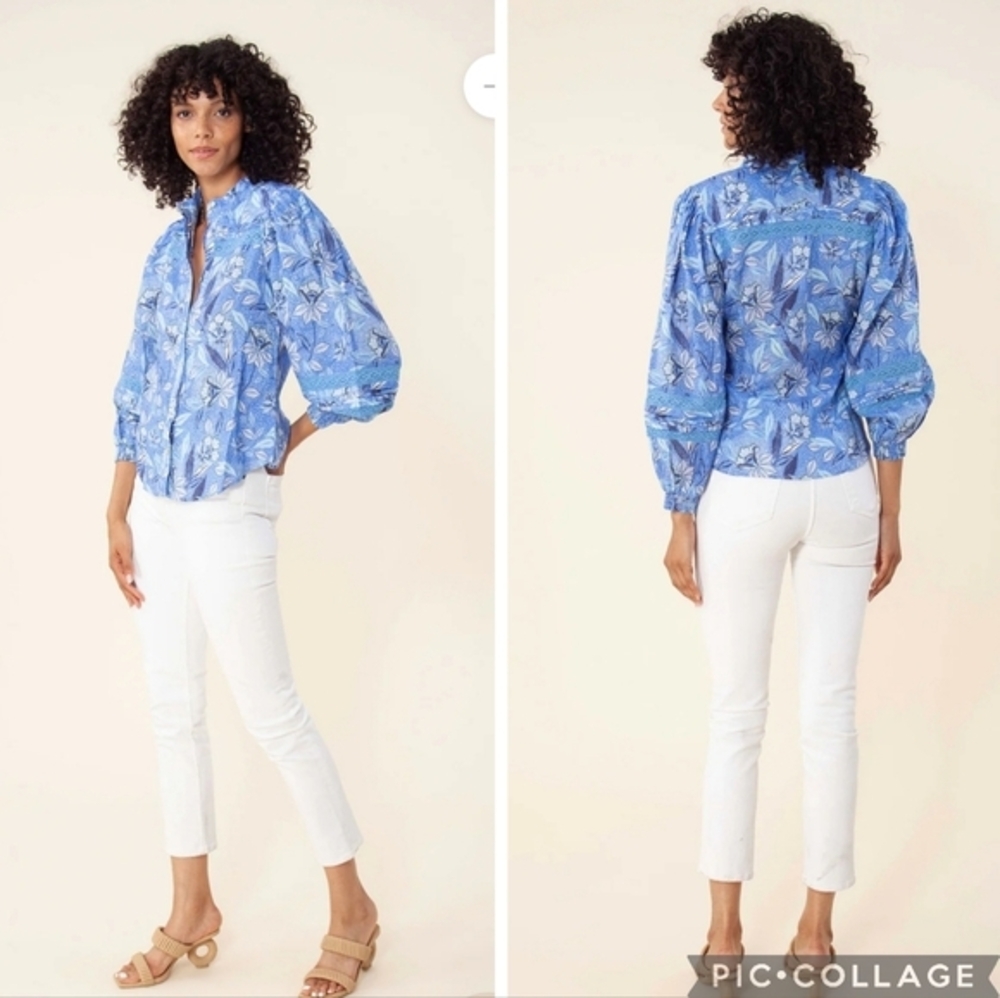 Hale Bob Women's Angelina Linen‎ Top Size M Periwinkle Blue Floral Euro Summer - Picture 2 of 13